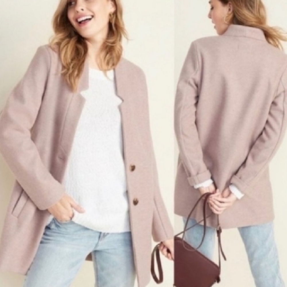 Old Navy, Soft Brushed Button Front, Felt Pea Coat Blush Pink with Notch Collar